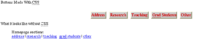 the CSS example using Mozilla:
         There is a big gap before the buttons.
         The text is red on a grey background.
         The buttons have very little space around the words.
         The top and left edge of the buttons is white and the other edges are purple.
         There is underlining of the abbreviations.